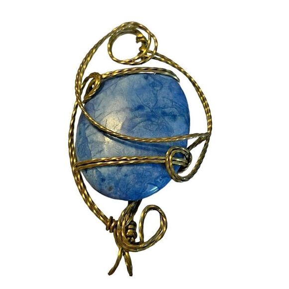 Vintage Blue Gemstone Cabochon Pendant Wire Wrapped 2" x 2" - Picture 2 of 7